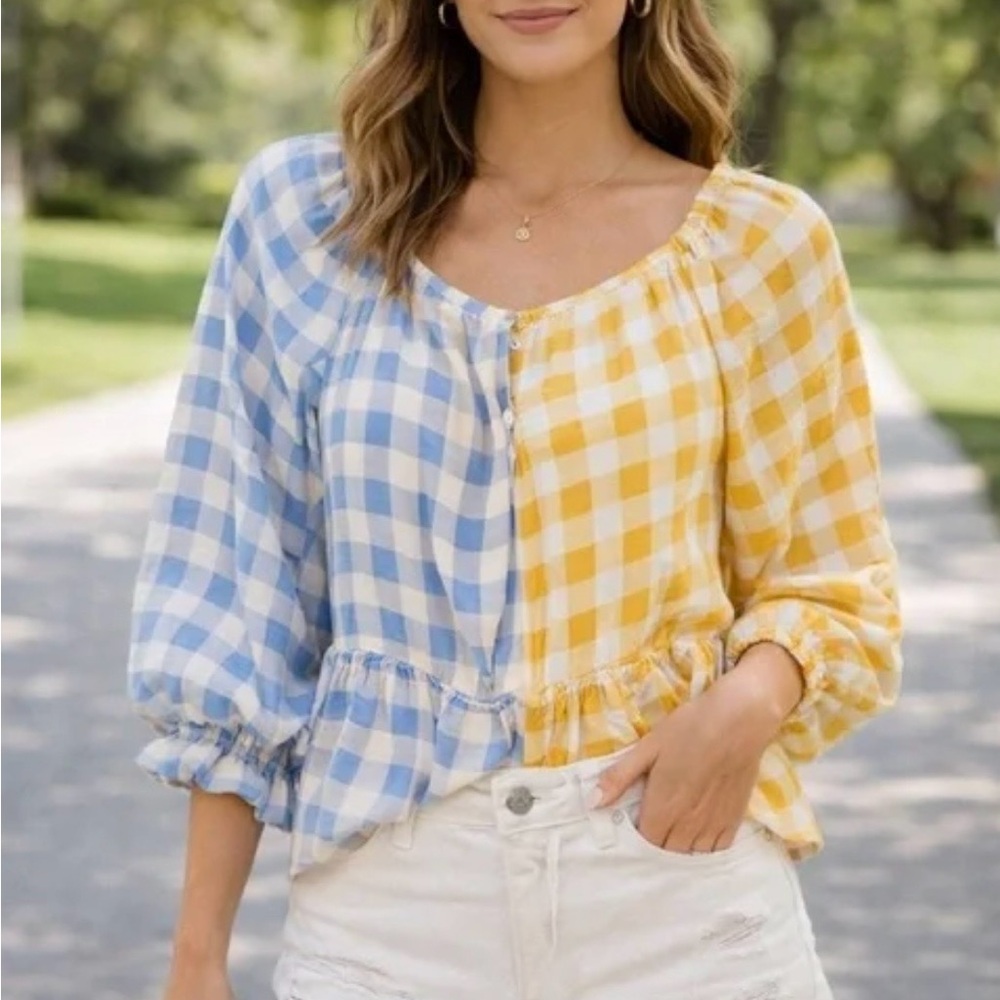 Women Large Y2K Gingham Blue Yellow Babydoll Top Balloon 3/4 Sleeve Tie Back